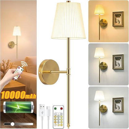 10000mAh Battery Operated Wall Sconces Set of One, Gold Rechargeable Wall Lights with Remote & Touch Control,Dimmable 3 Color Temperature Wall Decor for Bedroom Living Room Hallway