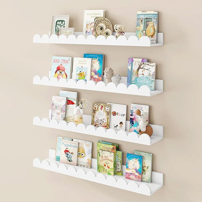 Fun Memories 24 Inch White Nursery Book Shelf, Scalloped Picture Ledge for Wall, Set of 4, Floating Shelves for Toddler Room, Kids Rooms, Bedroom