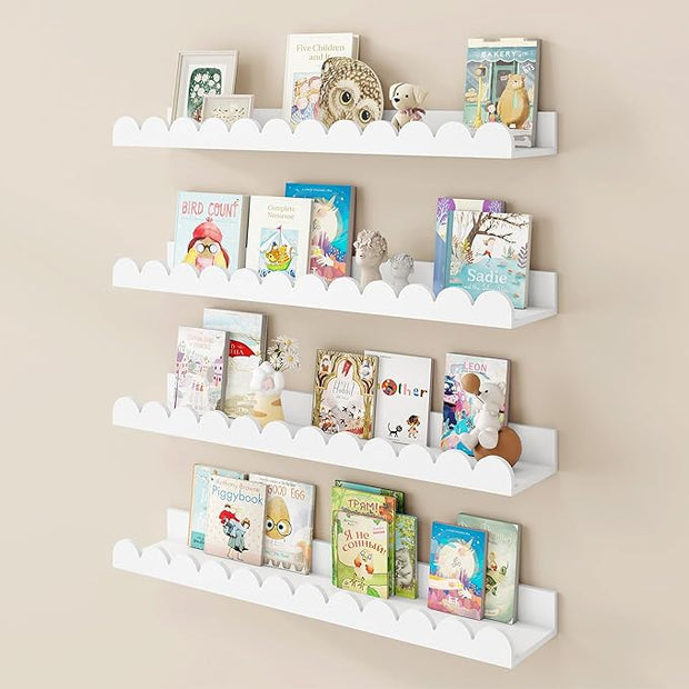 Fun Memories 24 Inch White Nursery Book Shelf, Scalloped Picture Ledge for Wall, Set of 4, Floating Shelves for Toddler Room, Kids Rooms, Bedroom