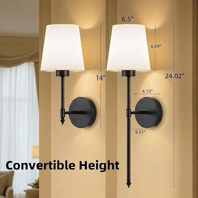 Wall Sconces Battery Operated Set of 2, Rechargeable Wall Sconce, 10 Colors Wireless Wall Sconces Set of Two, 5200mAh Dimmable Bulbs and Remote, for Bedroom Living Room, Hallway Decor (Black- 24 inch)