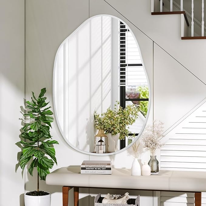 Large Asymmetrical Wall Mirror Aluminum Alloy Frame Irregular Bathroom Mirrors Brushed Metal Vanity Wall Mounted Mirror for LivingRoom Bedroom Entryway Room Home Decor White 26