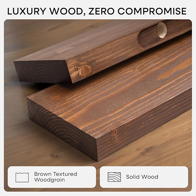 Homeforia Classic Walnut 24 inch Floating Shelf, High End Solid Real Wood Small 24inch Floating Shelves for Wall Mounted, 24in Floating Shelves, Heavy Duty Bracket, 24 X 6.5 X 1.75 inches, Set of 2