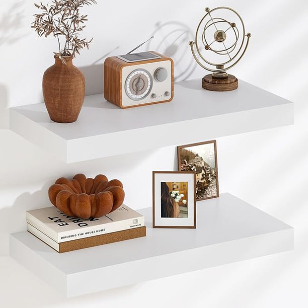 Fun Memories Floating Shelves, 9.3'' Deep Solid Pine Wood Wall Shelves for Storage, Wall Mounted Display Shelf with Invisible Heavy-Duty Metal Bracket, 24'' Width Set of 2, White