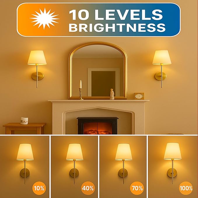 Wireless Wall Sconces Set of 2 with Remote — Gold Pleated Shades Cordless Rechargeable E26 Bulbs, 12 RGB Colors + 3000K/4000K/6000K, Dimmable Wall Mounted Lamps for Bedroom Living Room Hallway
