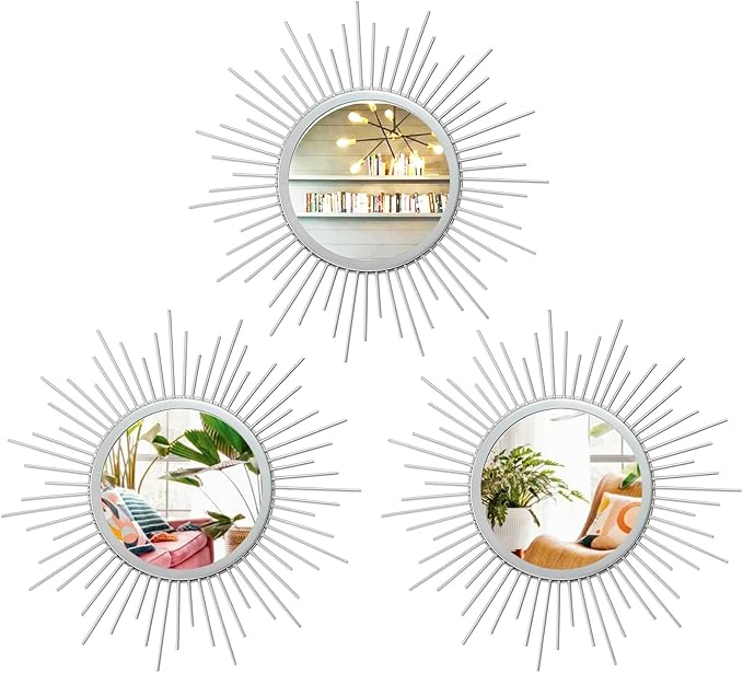 Cityelf 3 Set Sunburst Mirrors for Wall Decorative Metal Mirrors Small Mirror Sets Decor Hanging Mirror Wall Sculpture for Bedroom Living Room Entryway