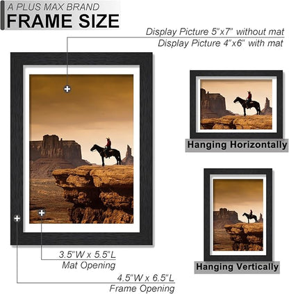 A PLUS MAX 5x7 Picture Frame Set of 2, Black Engineered Wood Frame for 5 x 7 Inch Picture Poster Photo, Light Weight 5 by 7 Frame with Wood-grain for Wall - 2 Pack/Black/5"x7"