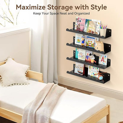 Nursery Book Shelves, 17 Inch Metal Floating Shelves for Wall 4 Pack, Scalloped Shelves, Wall Mounted Book Shelf for Kids Bedroom, Baby Room, Nursery Decor （Black）