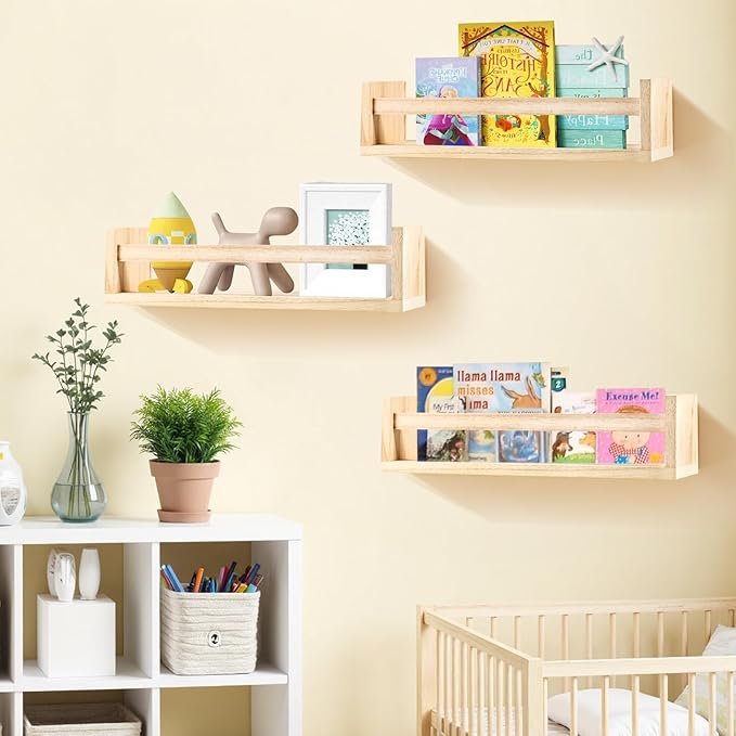 3 Pack Nursery Shelves, 16.5 Inch Nursery Book Shelve, Solid Wood Wall Mounted Shelve for Books, Floating Shelves for Wall Books Living Room Kids Room Decor(Natural Wood)