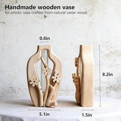 Artistic Wood Glass Vase,Wooden Base Cylindrical Flower Vase,Classic Boho Rustic Style for Fireplace Bedroom Kitchen Living Room Centerpieces Office Desk (Tall Vase)