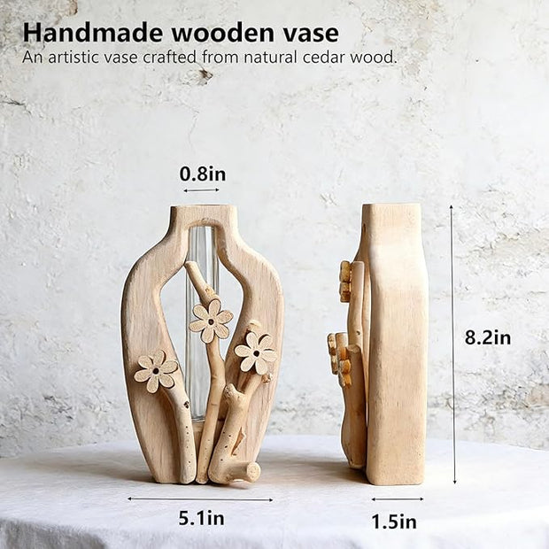 Artistic Wood Glass Vase,Wooden Base Cylindrical Flower Vase,Classic Boho Rustic Style for Fireplace Bedroom Kitchen Living Room Centerpieces Office Desk (Tall Vase)