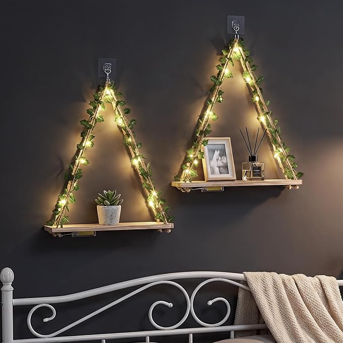RICHER HOUSE Artificial Ivy LED-Strip Wall Hanging Shelves, Macrame Shelf for Bedroom Bathroom Living Room Kitchen, Wood Hanging Plant Shelves for Wall Décor