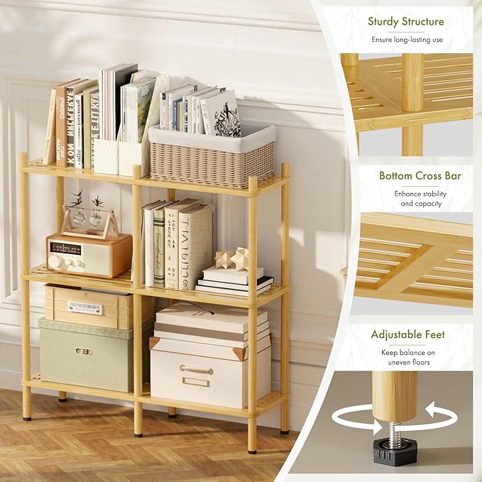 3 Tier Book Shelf, Wide Bamboo Bookshelf, Bookcase with 6 Open Display Shelves, Bookshelves Storage Organizer for Small Place, Standing Shelf Units for Living Room, Bedroom, Bathroom, Office