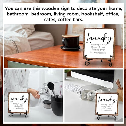 Funny Laundry Room Decor Sign for Bathroom, Laundry Sign: Washing 1 Hour, Drying 1 Hour, Putting Away 7-10 Business Days Wood Plaque Sign Rustic Wooden Plaque With Stand for Home Farmhouse Shelf Table