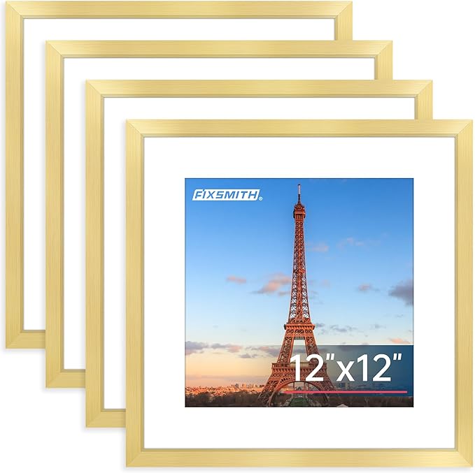 FIXSMITH 12x12 Picture Frame Gold Set of 4, Photo Frame with HD Plexiglass, Display Pictures 8x8 with Mat or 12x12 Without Mat, Natural Picture Frames Collage Wall Decor, Gallary Wall Frame