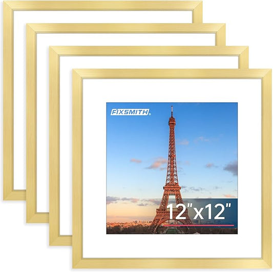 FIXSMITH 12x12 Picture Frame Gold Set of 4, Photo Frame with HD Plexiglass, Display Pictures 8x8 with Mat or 12x12 Without Mat, Natural Picture Frames Collage Wall Decor, Gallary Wall Frame