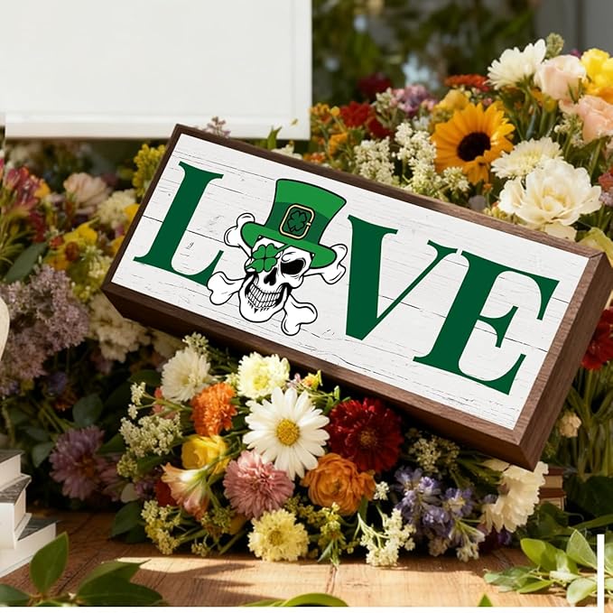 Shamrock Decors, Skeleton Bone Man Decor, Love Wooden Box Signs, Rustic Framed Wooden Box Sign, St. Patrick's Day Themed Decor for Cafe Shop Coffee Bar, 9.5x3.1x1 inches
