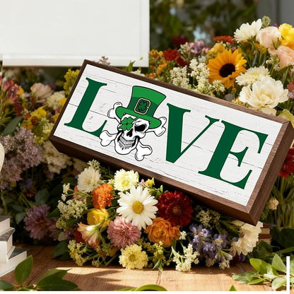Shamrock Decors, Skeleton Bone Man Decor, Love Wooden Box Signs, Rustic Framed Wooden Box Sign, St. Patrick's Day Themed Decor for Cafe Shop Coffee Bar, 9.5x3.1x1 inches
