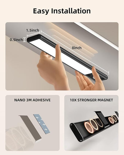 EZVALO 8" Under Cabinet Lighting, 1600mAh USB-C Rechargeable Motion Sensor Light, 3 Color Temps, 3-Level Dimmable Magnetic Wireless Closet Lights for Kitchen, Pantry, Stairs (2 Pack)