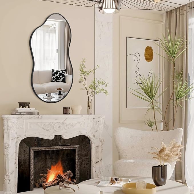 JJUUYOU Irregular Wall Mirror Black Metal Framed Decorative Asymmetrical Bathroom Mirrors Large 20