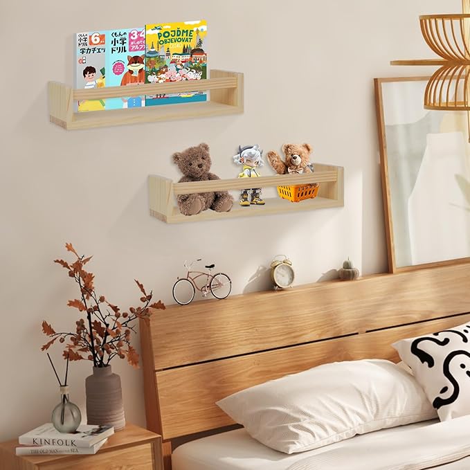 Kids Floating Shelves (Set of 4) - Wall-Mounted Book & Toy Storage, Display Ledges with Front Bar, Unfinished Natural Pine Wood for Nursery, Bedroom & Bathroom Decor (Natural Wood, 23.6")