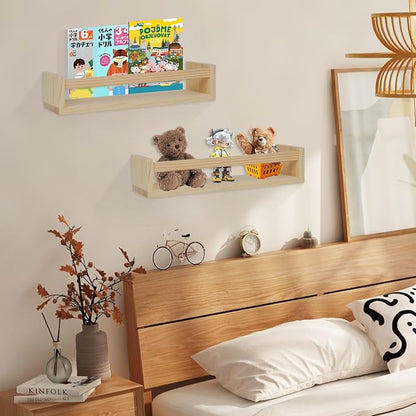 Kids Floating Shelves (Set of 4) - Wall-Mounted Book & Toy Storage, Display Ledges with Front Bar, Unfinished Natural Pine Wood for Nursery, Bedroom & Bathroom Decor (Natural Wood, 23.6")