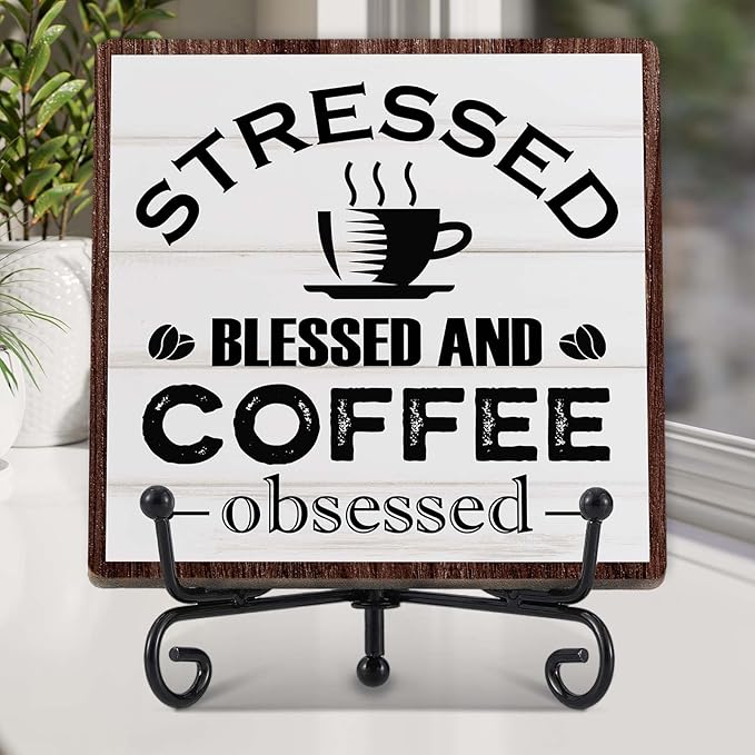 Coffee Bar Decor, Farmhouse Kitchen Table Decor, Coffee Station Accessories, Wooden Decorative Sign with Iron Stand for Table Desk Shelf Display-E15