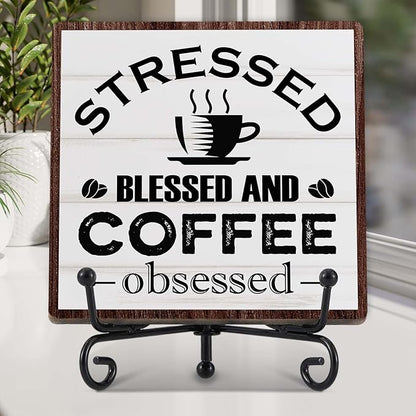 Coffee Bar Decor, Farmhouse Kitchen Table Decor, Coffee Station Accessories, Wooden Decorative Sign with Iron Stand for Table Desk Shelf Display-E15