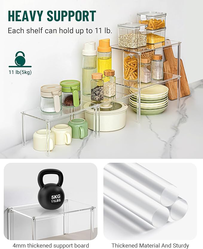 Acrylic Cabinet Organizer, Set of 4 Spice Rack Organizer for Cabinet, Desk Countertop Shelf Organizer, Pantry Kitchen Storage and Organization, Stackable Shelves House Essentials for Gift
