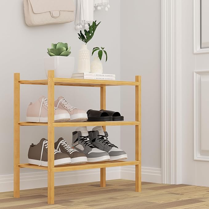 3-Tier Bamboo Small Shoe Rack, Free Standing Wood Shoe Shelf Storage Organizer for Closet Entryway Stackable (Natural)