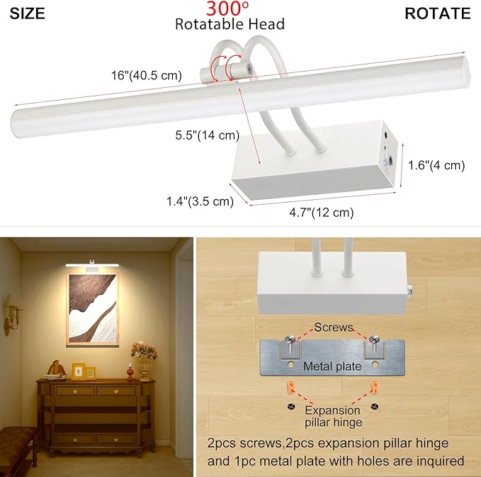 Picture Light,Picture Lights for Wall Cordless,16" Picture Lights with Timer and Dimmable,Battery Wall Lights for Display Gallery Painting Art Frame Portrait-WH
