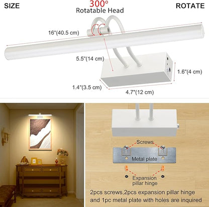 Picture Light,Picture Lights for Wall Cordless,16" Picture Lights with Timer and Dimmable,Battery Wall Lights for Display Gallery Painting Art Frame Portrait-WH