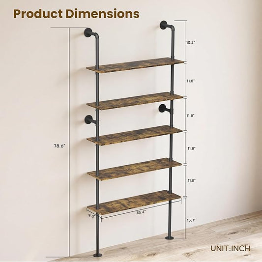 Merapi Rustic Industrial Bookshelf, 78.6" Tall 5-Tier Storage Shelf with Solid Wood & Metal Frame, 9.8" D x 35.4" W for Living Room, Office, Bedroom Farmhouse Display
