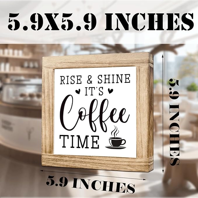 Wooden Coffee Sign Rise & Shine It's Coffee Time Farmhouse Coffees Bar Signs Rustic Wooden Sign Handmade Kitchen Wall Art Coffees Plaque for Home Office Kitchen Decoration 5.9x5.9 inches