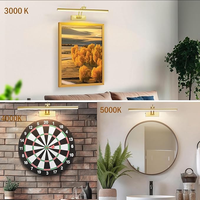 2 Pack Picture Light Battery Operated for Wall, 16" Wireless Art Lighting for Painting, 6 Colors Picture Frame Lights with Remote, Dimmable 5200mAh Gallery Light, Gold