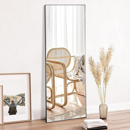 OLIXIS Full Length Mirror 59"x16.5" for Bedroom, Full Body Mirror with Stand, Hanging or Leaning for Wall, Aluminum Alloy Thin Frame Floor Standing for Living Room, Long, Black