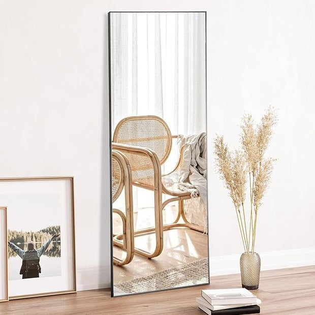 OLIXIS Full Length Mirror 59"x16.5" for Bedroom, Full Body Mirror with Stand, Hanging or Leaning for Wall, Aluminum Alloy Thin Frame Floor Standing for Living Room, Long, Black