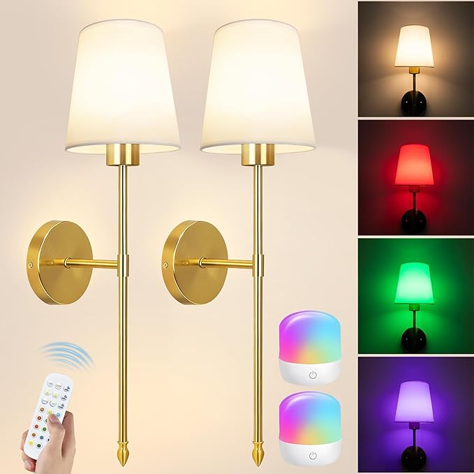 Battery Operated Wall Sconce Set of 2, Wireless Wall Sconce with Rechargeable Bulbs and Remote, 15 Colors & Dimmable, Gold Sconces Wall Decor for Bedroom Living Room Hallway