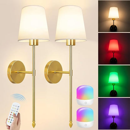Battery Operated Wall Sconce Set of 2, Wireless Wall Sconce with Rechargeable Bulbs and Remote, 15 Colors & Dimmable, Gold Sconces Wall Decor for Bedroom Living Room Hallway
