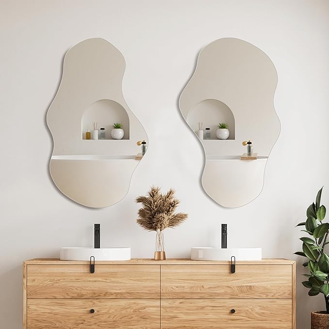 PERFNIQUE Irregular Wall Mirror Asymmetrical Mirror, 34''x20.5'' Decorative Modern Mirrors for Bathroom Bedroom Living Room Entryway, Cloud Frameless Mirror, Wall Mounted (34''x20.5'', Cloud)