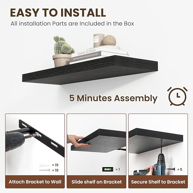 36 Inch Floating Shelves, 12 Inch Deep Floating Shelves for Wall, Floating Shelf with Invisible Brackets, Deep Shelves for Bathroom, Bedroom, Living Room, 2 Pack, Black