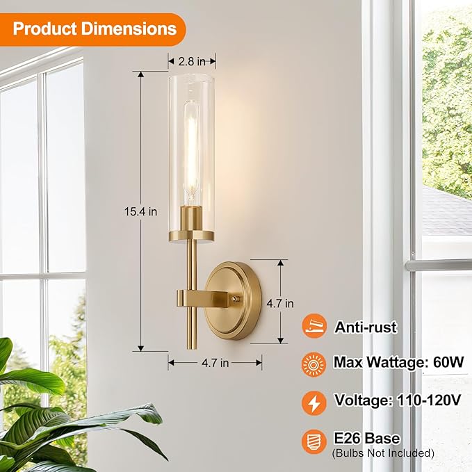 Wall Sconces Set of Two, Brushed Gold Bathroom Sconces with Clear Glass, Hardwired Sconces Wall Decor Set of 2, Modern Wall Light Fixtures for Bathroom Mirror Living Room Bedroom Hallway