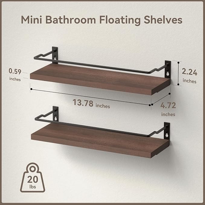 RICHER HOUSE Floating Shelves, Small Wall Shelf for Bathroom Decor, Rustic Wall Mounted Wood Shelves Set of 2, Bathroom Organizer Over Toilet Storage, Kitchen Shelf - Rustic Brown