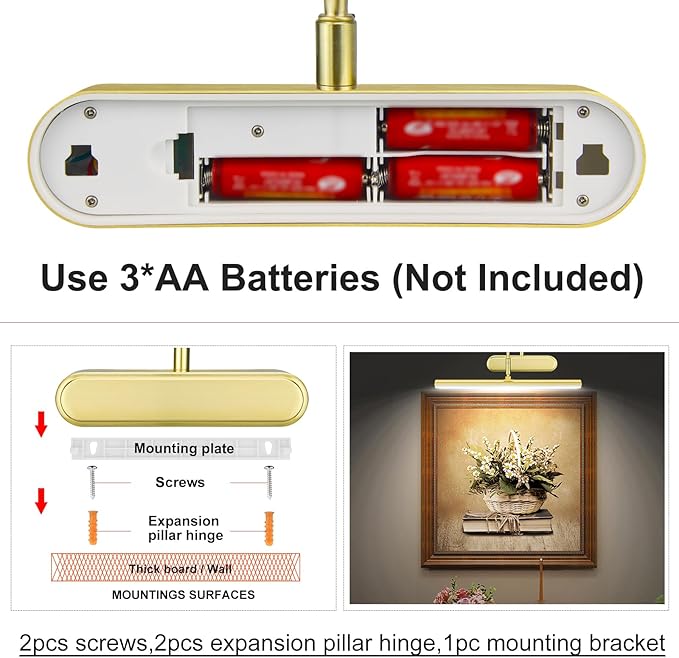 Picture Light,3AA Battery Art Lights for Paintings,Wireless Wall Lighting,Remote Control Accent Light with Timer and Dimmable for Frame,Portrait,Dartboard-Brass