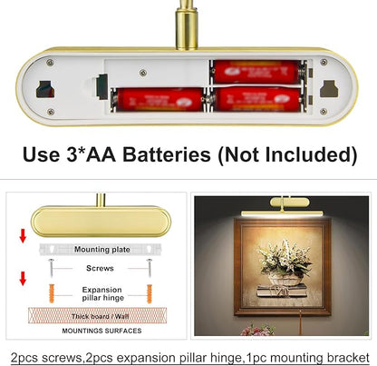 Picture Light,3AA Battery Art Lights for Paintings,Wireless Wall Lighting,Remote Control Accent Light with Timer and Dimmable for Frame,Portrait,Dartboard-Brass