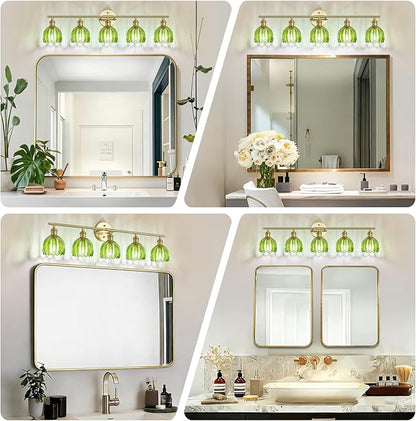 Vintage Bathroom Light Fixtures,5-Light Hardwired Vanity Lights with Green Tulip Glass Shade,Gold Bathroom Vanity Light for Mirror Restroom,E26 Socket,33.46 in(Bulbs Not Included)