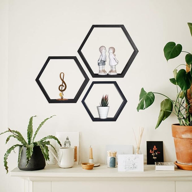 PHOENANCEE Hexagon Floating Shelves,Honeycomb Shelves Set of 3,Wall Mounted Wood Farmhouse Hexagonal Storage Shelf for Bathroom, Kitchen, Bedroom, Living Room