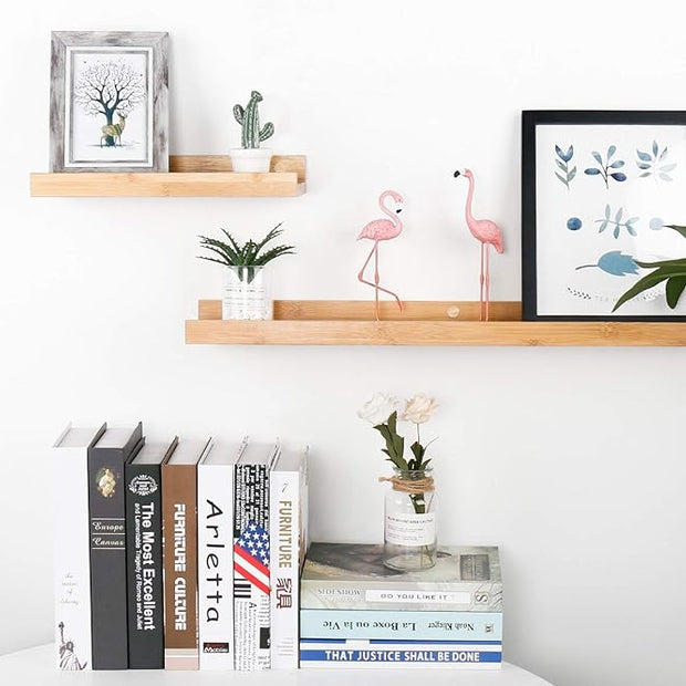 Natural Bamboo Floating Shelves Rustic Wood Wall Shelves Wooden Wall Storage Organizer Home Decor Living Room Kitchen Bedroom (Natural, 13.8 in)
