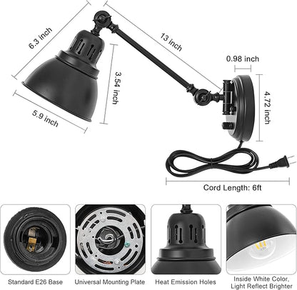 Plug in Wall Sconces, Wall Sconce Lighting with Dimmable On Off Switch, Swing Arm Wall Lamp, Black Metal Industrial Wall Light Fixtures, Safety E26 Base, 6FT Plug in Cord