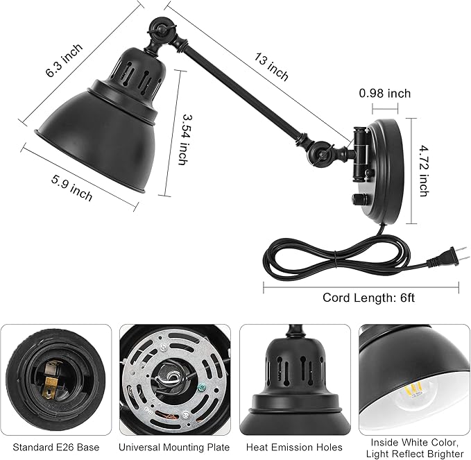 Plug in Wall Sconces, Wall Sconce Lighting with Dimmable On Off Switch, Swing Arm Wall Lamp, Black Metal Industrial Wall Light Fixtures, Safety E26 Base, 6FT Plug in Cord