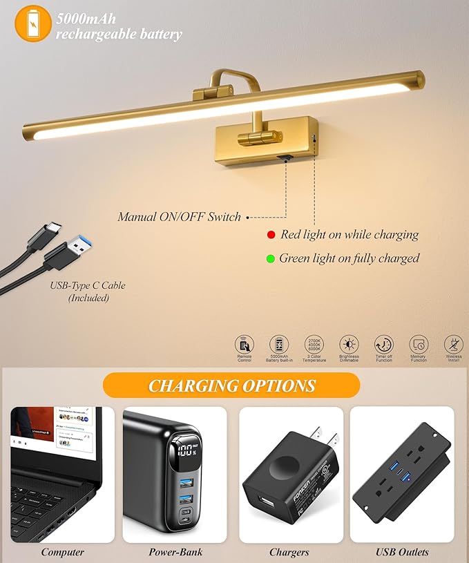 Picture Lights for Wall Battery Operated, Rechargeable Light for Pictures with Remote & Timer, Gold Art Light for Paintings 24 Inch Wireless Dimmable Cordless Gallery Frame Lights with 3CCT